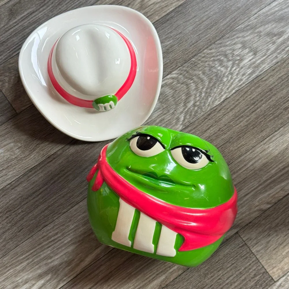 M&M's Candy Jar Green Character Cowboy Hat Ceramic Green White Pink Galerie